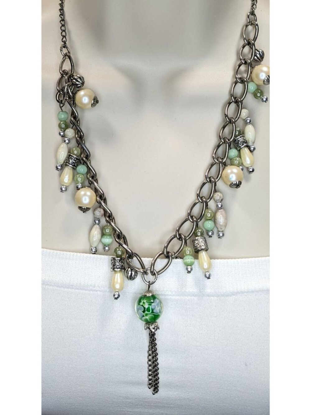 Handmade Beaded Charm Necklace Green Floral Glass Pendant Cottagecore Boho Fairy